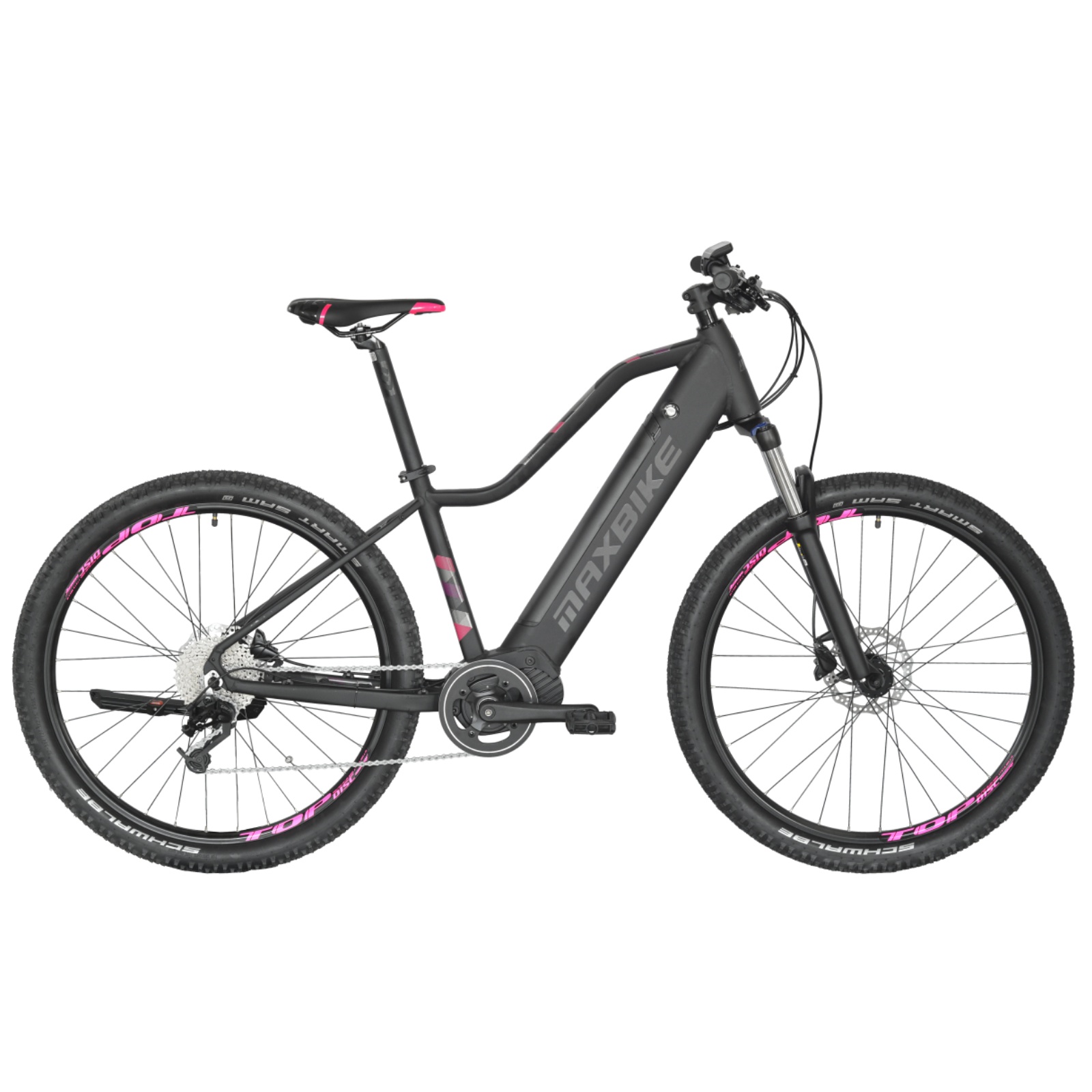Horský elektrobicykel MAXBIKE Solvi 27.5 čierny mat-ružové - vel. rámu 16.5"